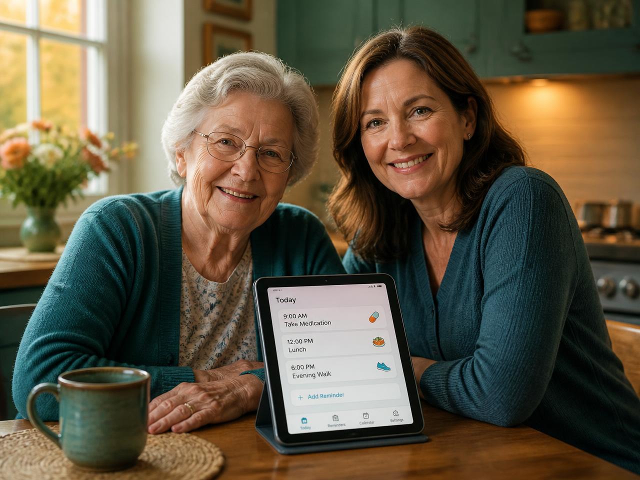 An older woman and her daughter reviewing a daily reminder schedule together